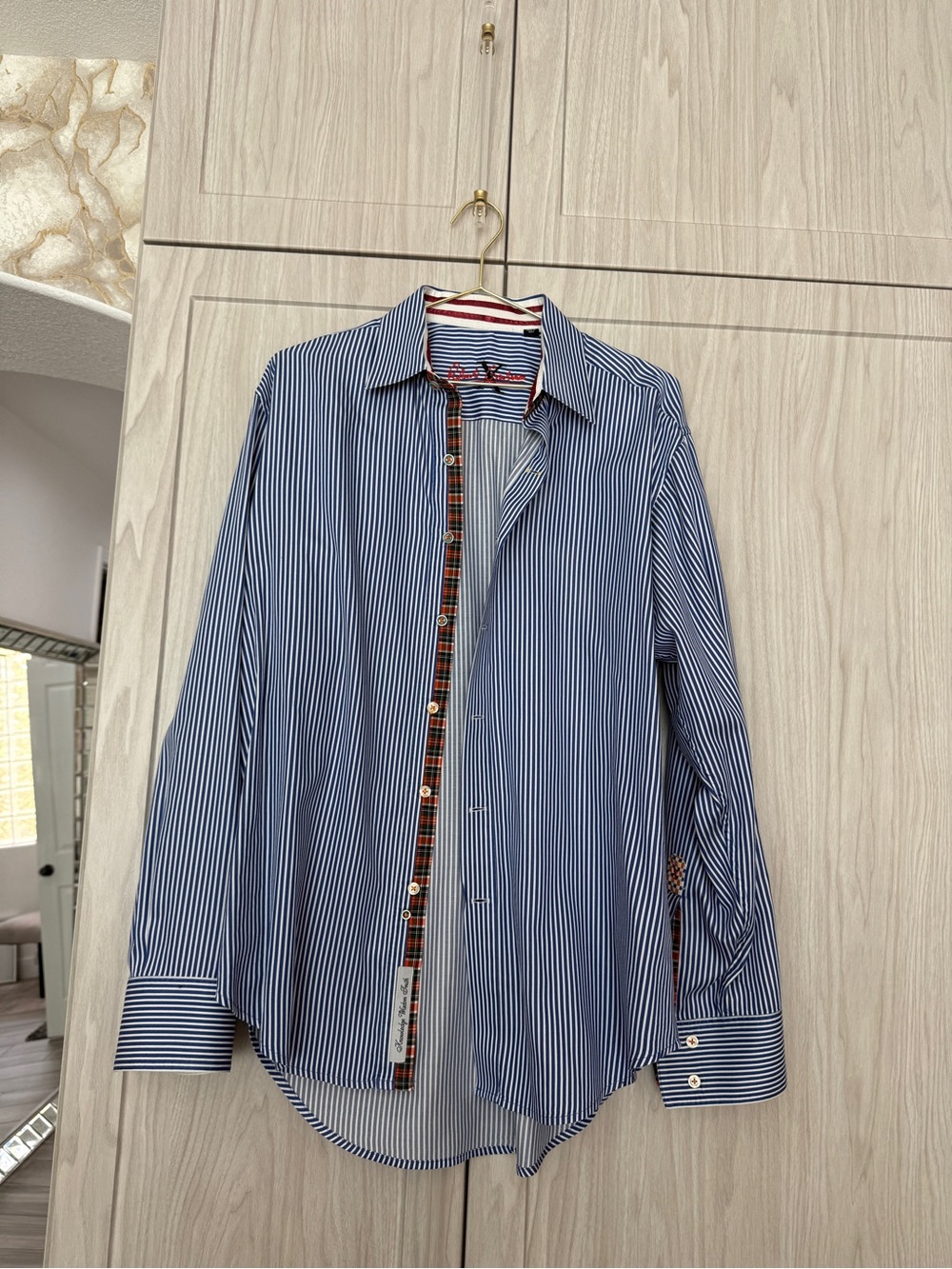 Robert Graham Blue & White Pinstripe Dress Shirt with Plaid Trim